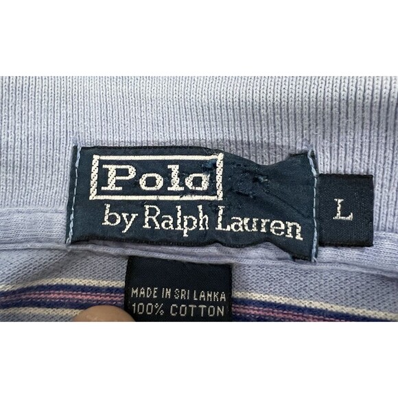 Vintage Ralph Lauren Polo Shirt Mens Large Blue Pink Black Striped Short Sleeve - Picture 6 of 11